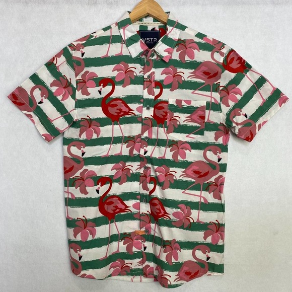 VSTR Button Up Shirt Collar Flamingo Pattern Striped Green White Short Sleeve L - Picture 5 of 9